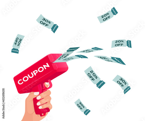 Money gun with flying coupons on a transparent background. Trendy flat vector illustration in cartoon style. .Black Friday marketing event banner template.