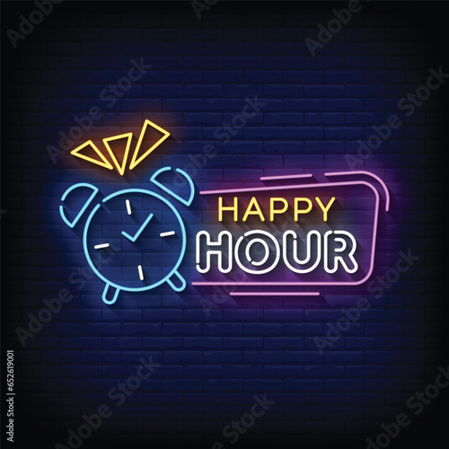 Neon Sign happy hour with brick wall background vector
