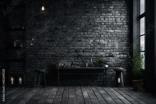 Room with black brick wall, grimy tile floor. Generative AI