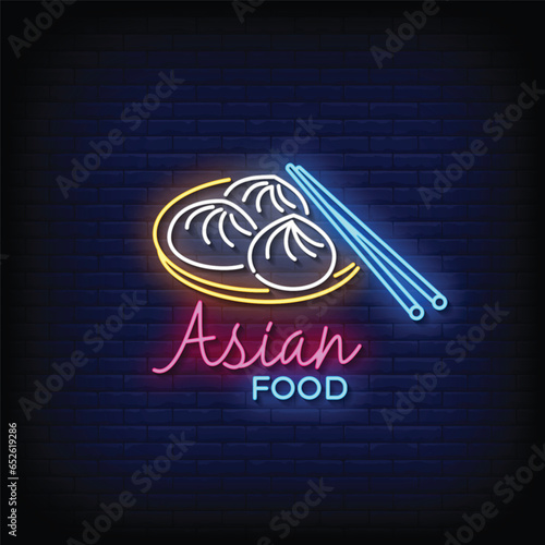 Neon Sign asian food with brick wall background vector