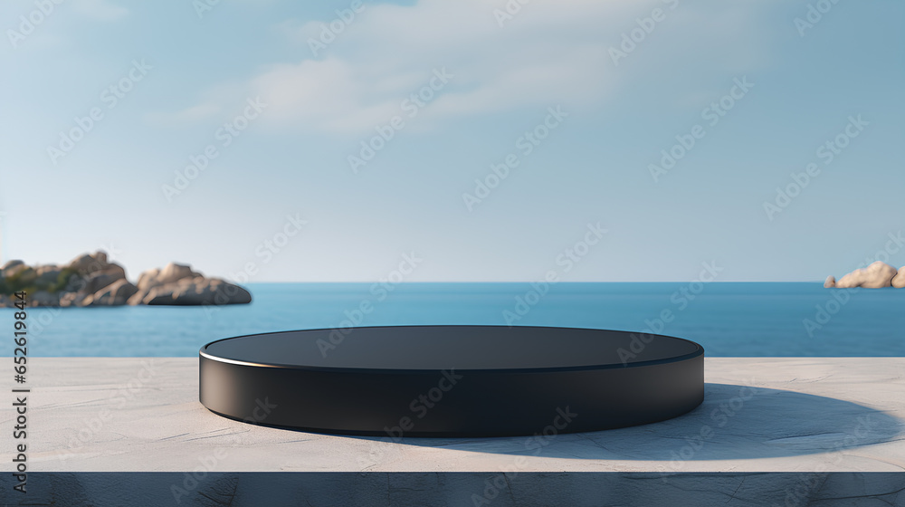 Empty round black marble podium on stone platform with sea and blue sky background, for use display product. 
