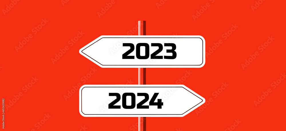 Road sign with 2023-2024 change on red background. Happy New Year 2024 ...