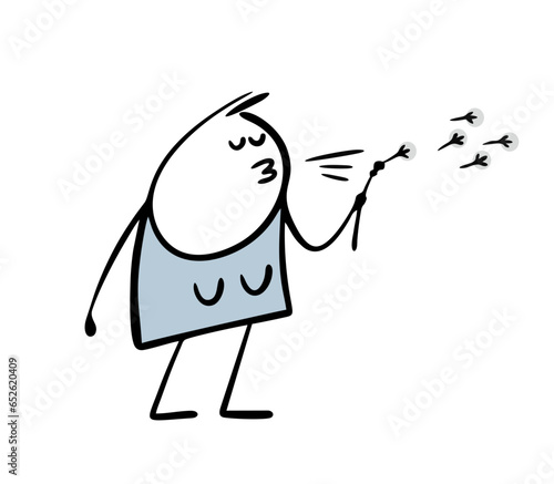 Doodle young woman romantically blows on a dandelion. Vector illustration of spring or summer, stickman in the garden and flowers.