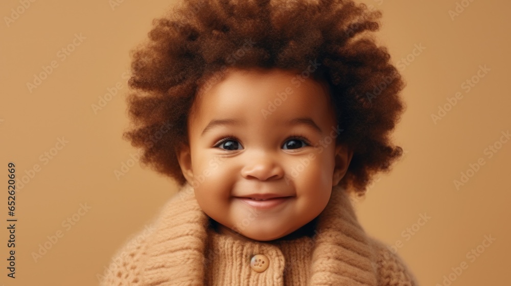 A captivating afro-clad girl displaying a bright smile in front of a light beige studio canvas. A captivating afro-clad girl displaying a bright smile in front of a light beige studio canvas.