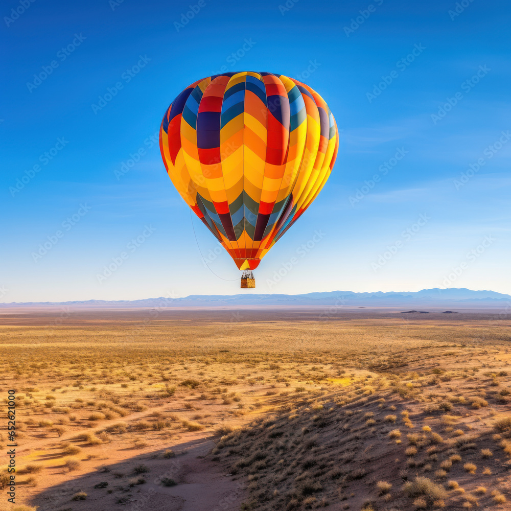 Obraz premium A colorful hot air balloon floating over the desert 