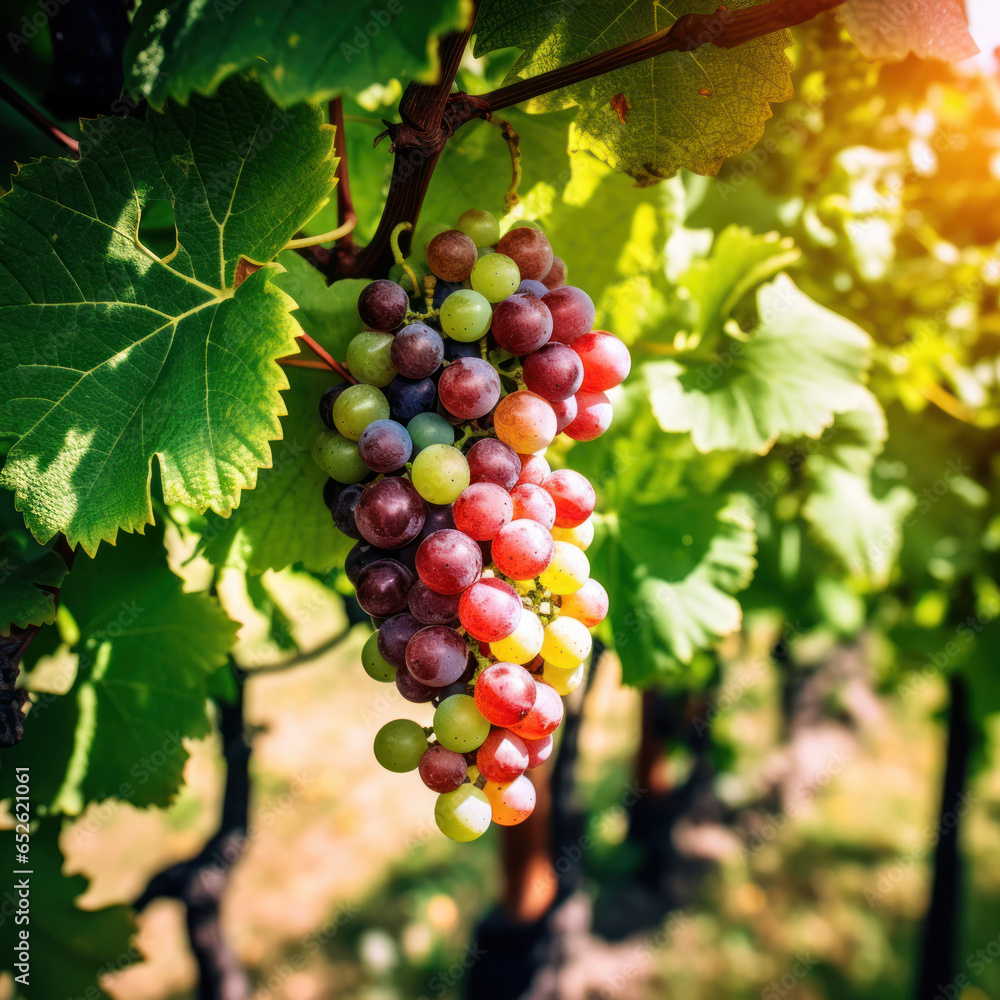 A bunch of grapes on a vine with green leaves
A bunch of grapes on a vine with green leaves