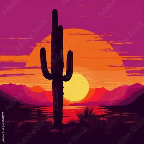  A silhouette of a cactus at sunset with purple
 photo