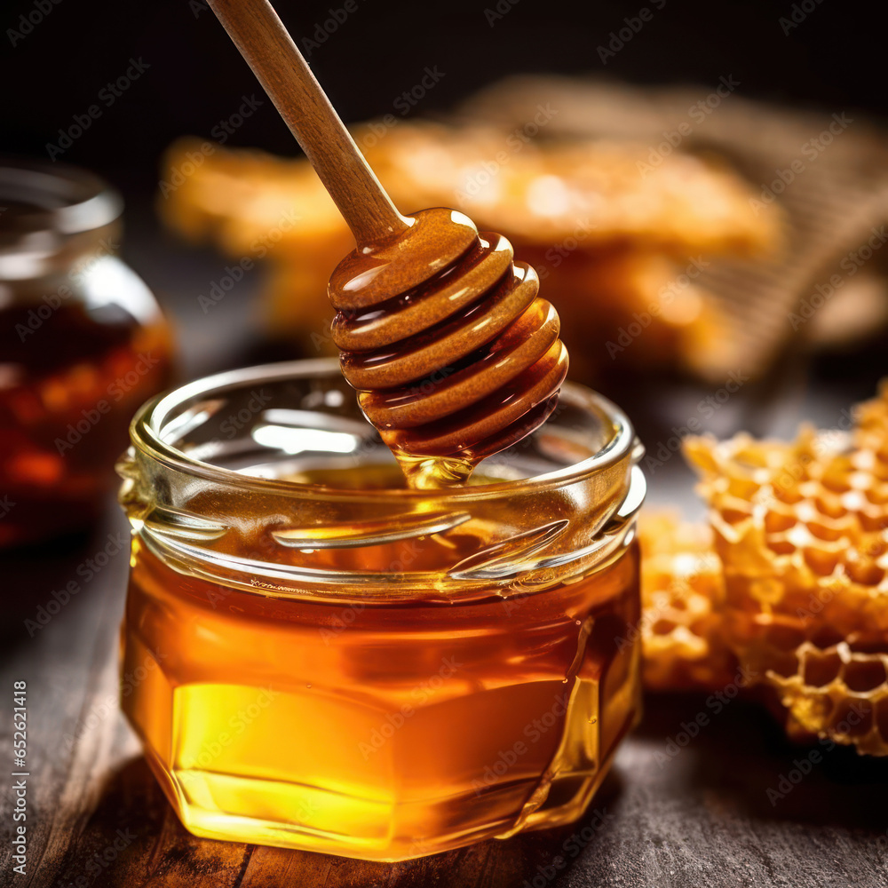 A jar of honey with a wooden spoon and a honeycomb
A jar of honey with a wooden spoon and a honeycomb