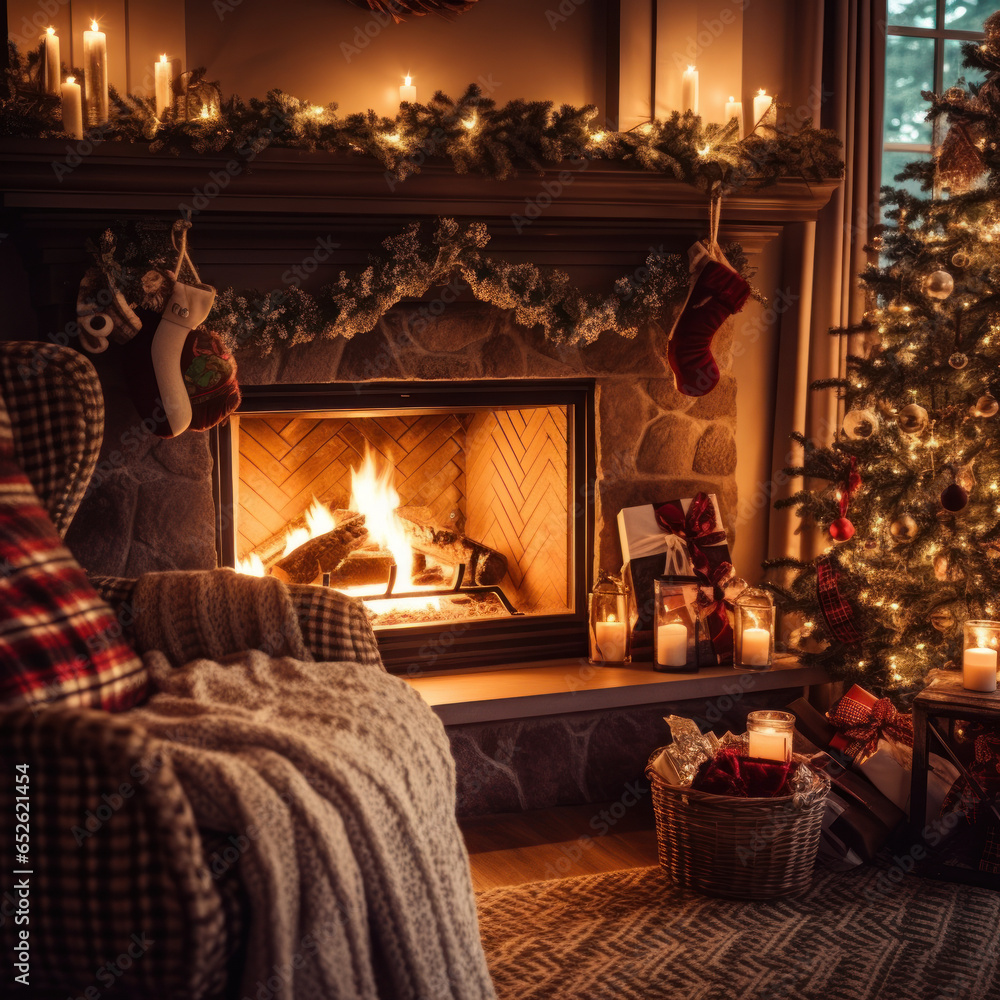 A cozy fireplace with stockings and candles
A cozy fireplace with stockings and candles