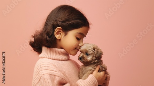 An adorable girl posing with her pet dog in a diverse studio setting.