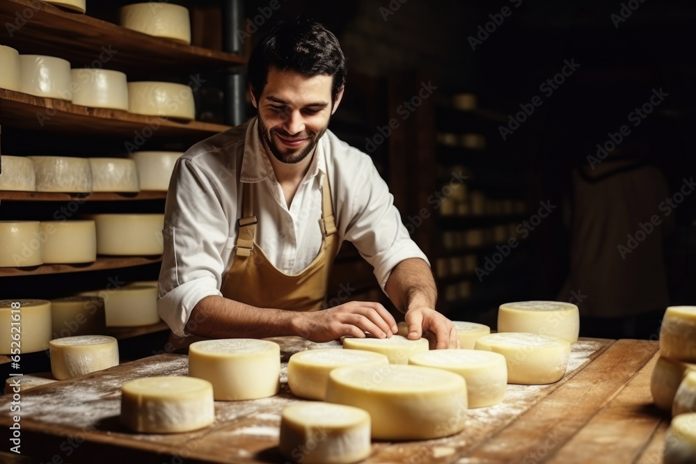 A man farmer checks the readiness of his homemade cheese. The cheese matures in the farmer's basement. Homemade cheese production. Natural product. A man farmer checks the readiness of his homemade cheese. The cheese matures in the farmer's basement. Homemade cheese production. Natural product.