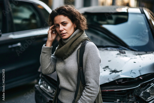 Photo of a woman using a cell phone next to a car © Anoo