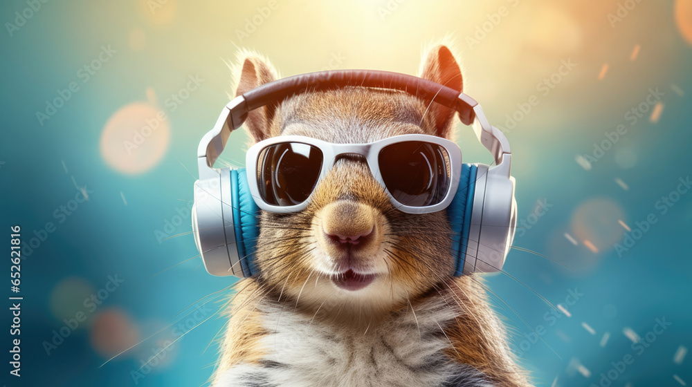 A carefree squirrel wearing sunglasses and headphones,  tree-top groove