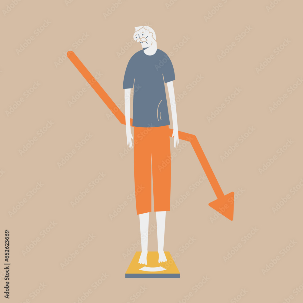 An elderly man who is worried about losing weight. He is on the scale. An elderly man who is worried about losing weight. He is on the scale.