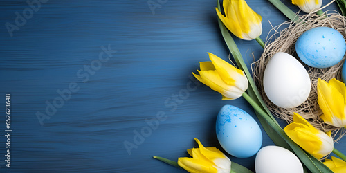 yellow tulips and easter eggs,Happy easter card. frame with yellow tulips and easter quail eggs