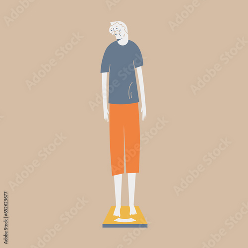 An elderly man who is worried about losing weight. He is on the scale.
