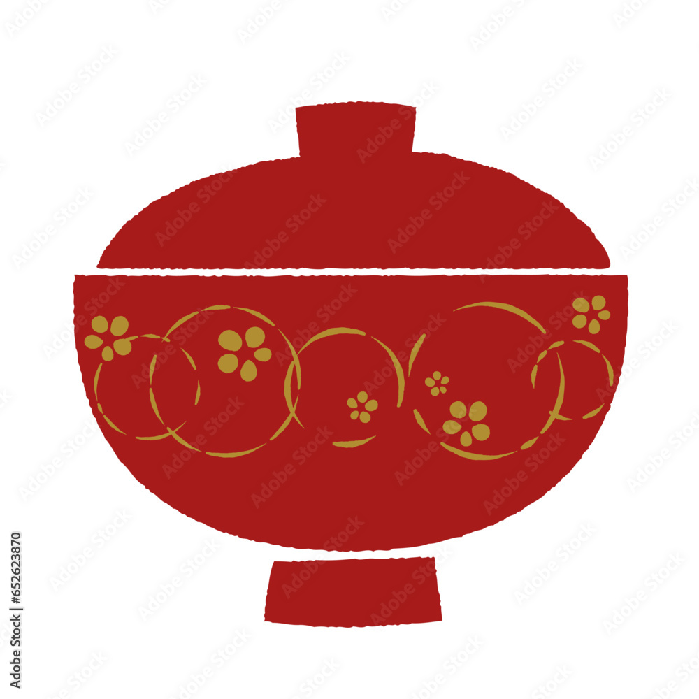 Obraz premium 梅柄の赤い蓋付き漆塗り椀/手描き風ベクターイラスト