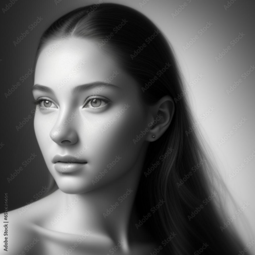 Fototapeta premium Monochrome detailed graphite pencil drawing, portrait of a beautiful young woman. Generative AI