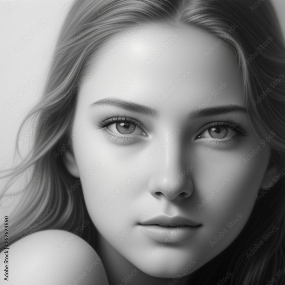 Monochrome detailed graphite pencil drawing, portrait of a beautiful young woman. Generative AI Monochrome detailed graphite pencil drawing, portrait of a beautiful young woman. Generative AI