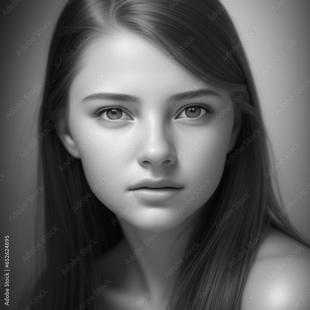Fototapeta premium Monochrome detailed graphite pencil drawing, portrait of a beautiful young woman. Generative AI