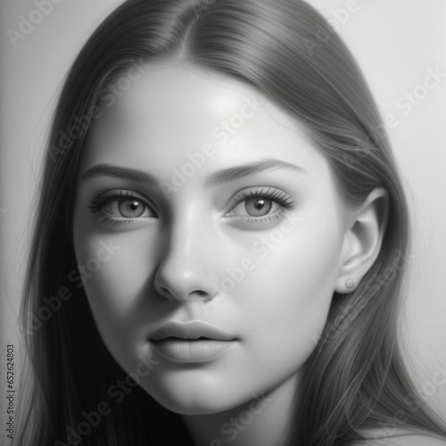 Monochrome detailed graphite pencil drawing, portrait of a beautiful young woman.  Generative AI
