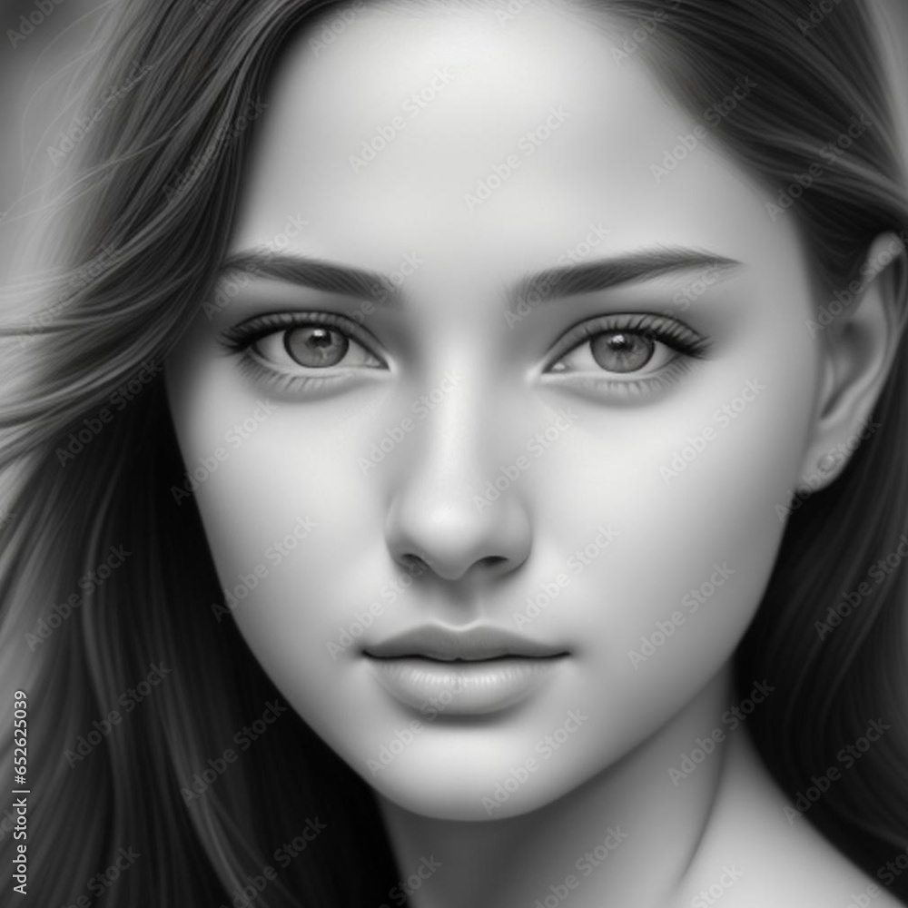 Fototapeta premium Monochrome detailed graphite pencil drawing, portrait of a beautiful young woman. Generative AI