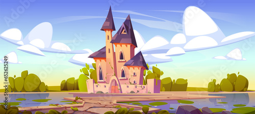 Royal castle with gates, windows and towers. Path to entrance to fairytale medieval palace for king, queen and princess. Cartoon vector landscape with trees and bushes, clouds in sky and chateau.
