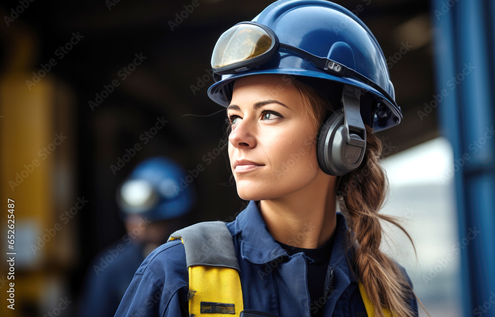 employee worker wears a helmet while standing by a construction place employee worker wears a helmet while standing by a construction place