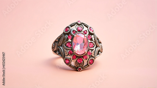 Old silver ring with gemstones on pink background