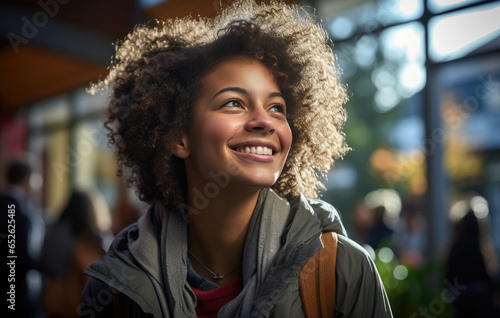 young black woman looking up and smiling.