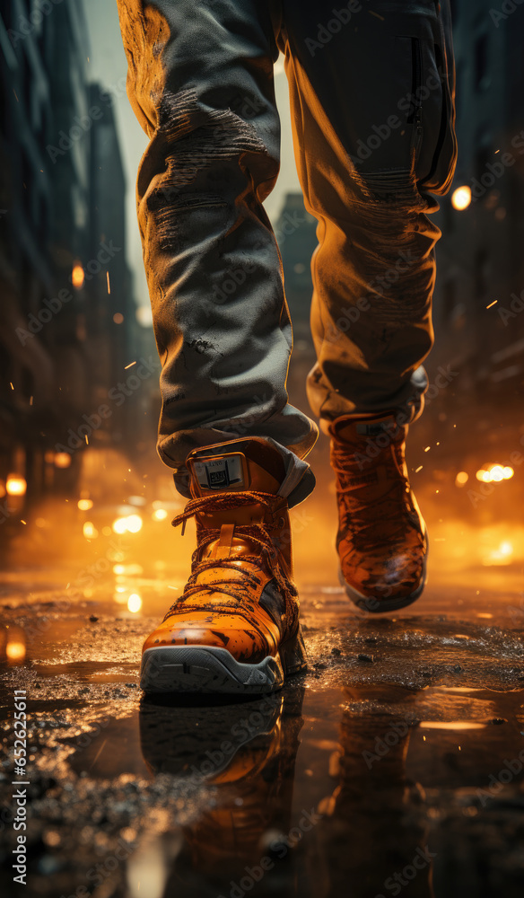 man's shoe walking on the ground, cool style. man's shoe walking on the ground, cool style.