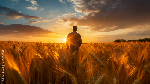 Silhouette of a farmer amidst a wheat field, gazing at the setting sun, capturing a moment of reflection.