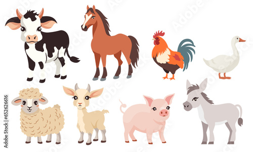 Vector set of flat illustrations. Farm animals on white background, domestic animals. Horse cow sheep goat goose rooster, pig donkey. Vector illustration