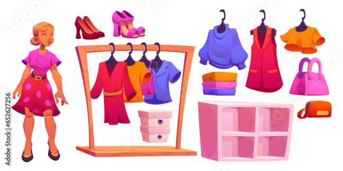 Women cloth boutique interior elements. Cartoon vector set of fashion store objects - female mannequin, rack with apparel on hangers, dresses and shirts, shoes and accessories, empty shelves.