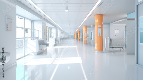 Long Hospital Bright Corridor with Rooms and Seats