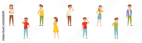 Young Man and Woman Thinking Standing with Puzzled Face and Question Mark Vector Set