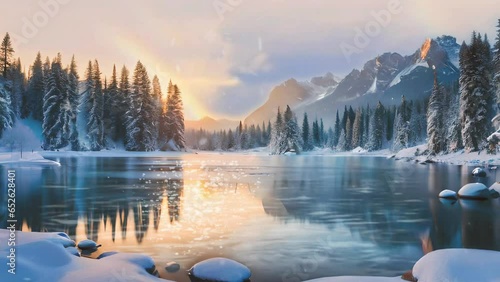 Winter snowy with mountains and lake panorama, Seamless Animation Video Background in 4K Resolution.