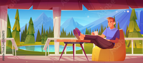 Man sits relaxing and drinking tea on terrace near mountain landscape. Cartoon vector illustration of male character on patio. Summer vacation in nature near lake, rocky hills and trees in forest.