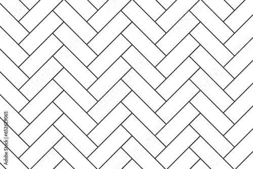 Herringbone or fishbone tile pattern. Brick or panel wall background. Parquet texture. Kitchen backsplash or bathroom floor mosaic surface. Causeway layout. Vector outline illustration