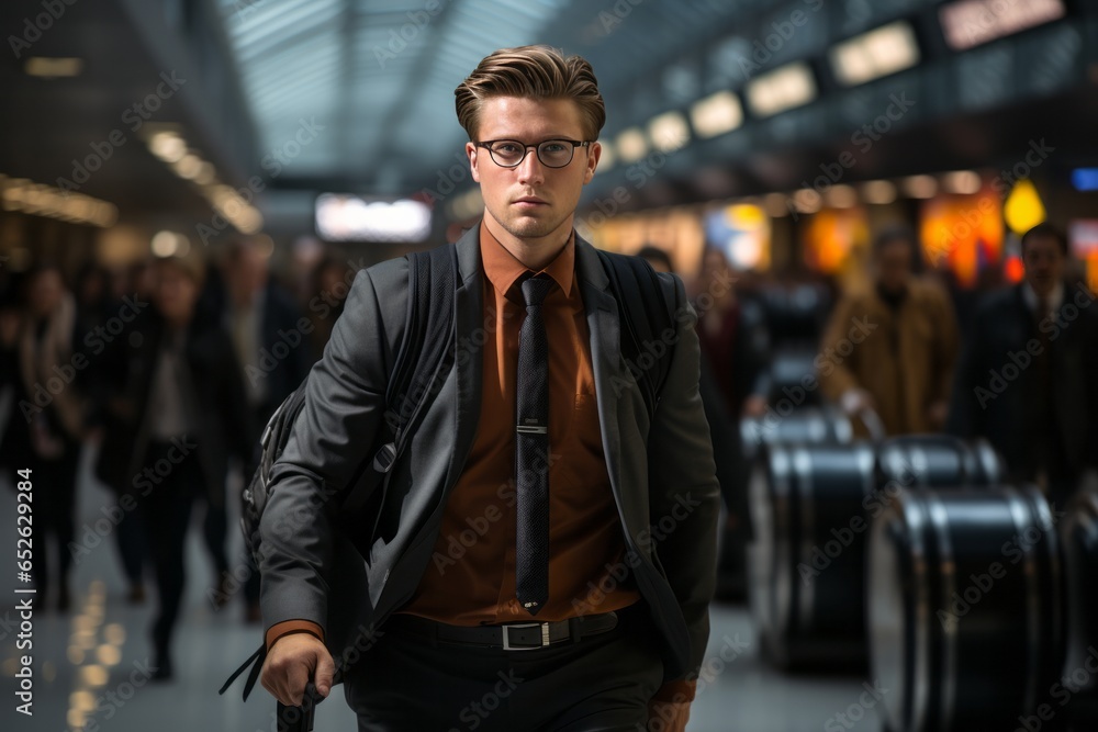 Businessman in a rush with a sleek black suitcase, Generative AI Businessman in a rush with a sleek black suitcase, Generative AI