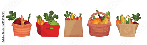 Vegetables in Basket and Bag as Fresh Harvested Crop Vector Set