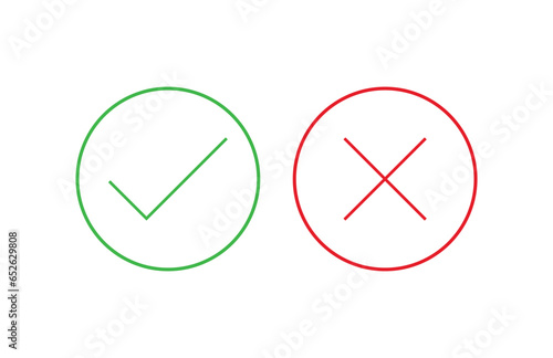 green check mark and red cross thin line isolated vector icons, yes or no concept