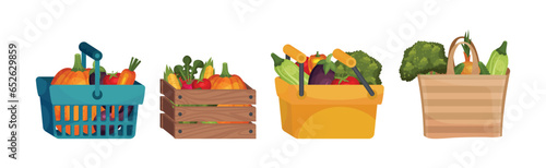 Vegetables in Basket and Bag as Fresh Harvested Crop Vector Set