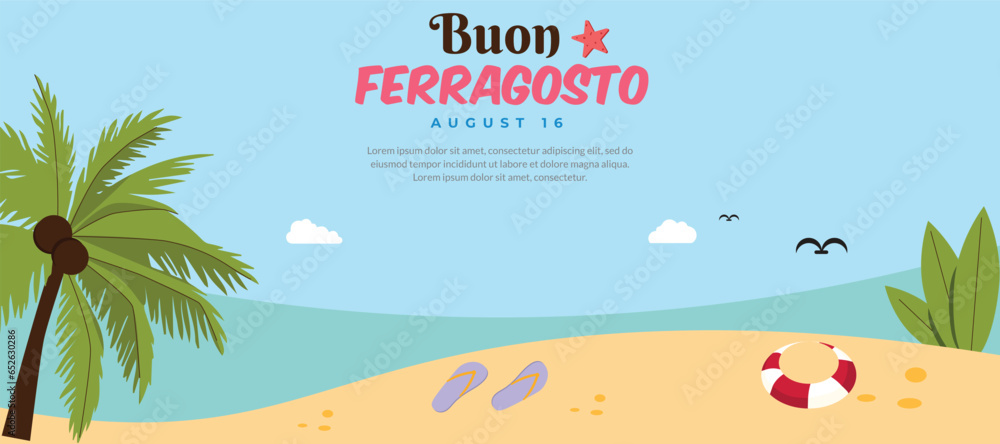 Buon Ferragosto background. Italian summer festival. Vector illustration. greeting card, poster, banner, template. Italy flag. August 15. 