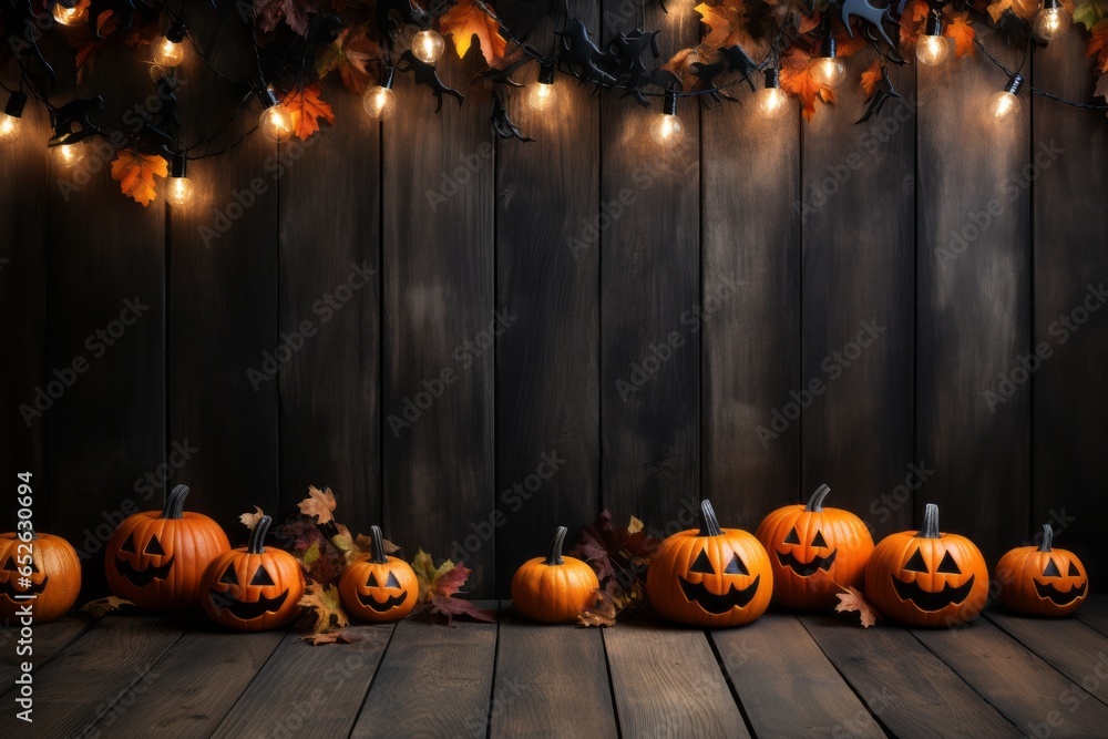 Halloween pumpkin carved smile face with light bulbs and Autumn leaves decorative on grunge wooden backdrop for October event - obrazy, fototapety, plakaty 