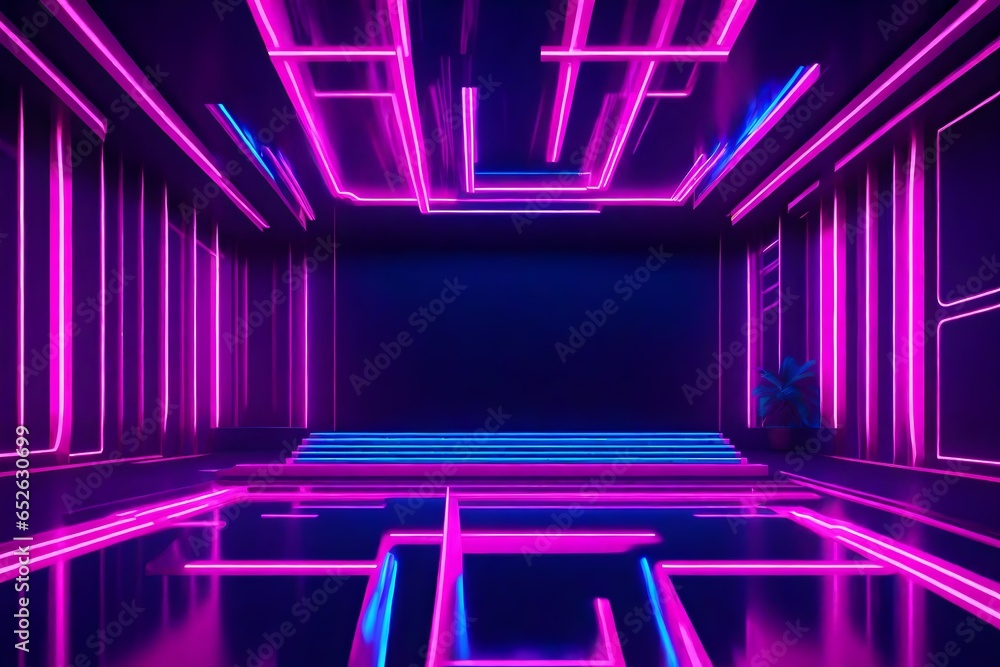 3d render of pink blue neon lines, illuminated empty room, virtual space, ultraviolet light, 80`s retro style, fashion show stage, abstract background copy space for text