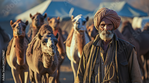 Enthralling glimpse at the preparation of a traditional camel race: jockeys, handlers in cultural attires, ready camels with saddles on desert track.