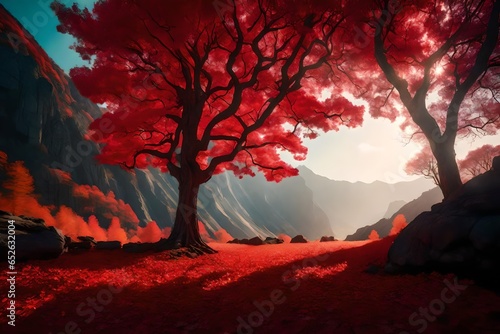 Autumn forest path with falling red leaves photo