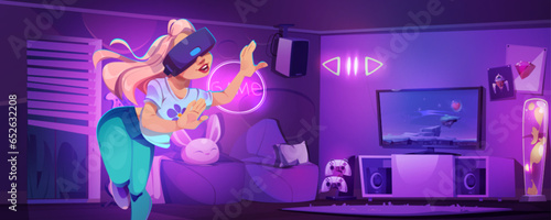 Girl gamer in living room play vr vector cartoon background. Video game on console with virtual reality technology. Purple house with armchair, tv, led light and playing setup for female teen