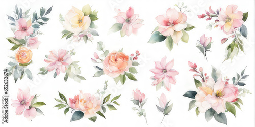 Set watercolor elements of pink roses; a collection of garden flowers; leaves; and branches. Botanic; illustration, eucalyptus, Generative Ai #652632674